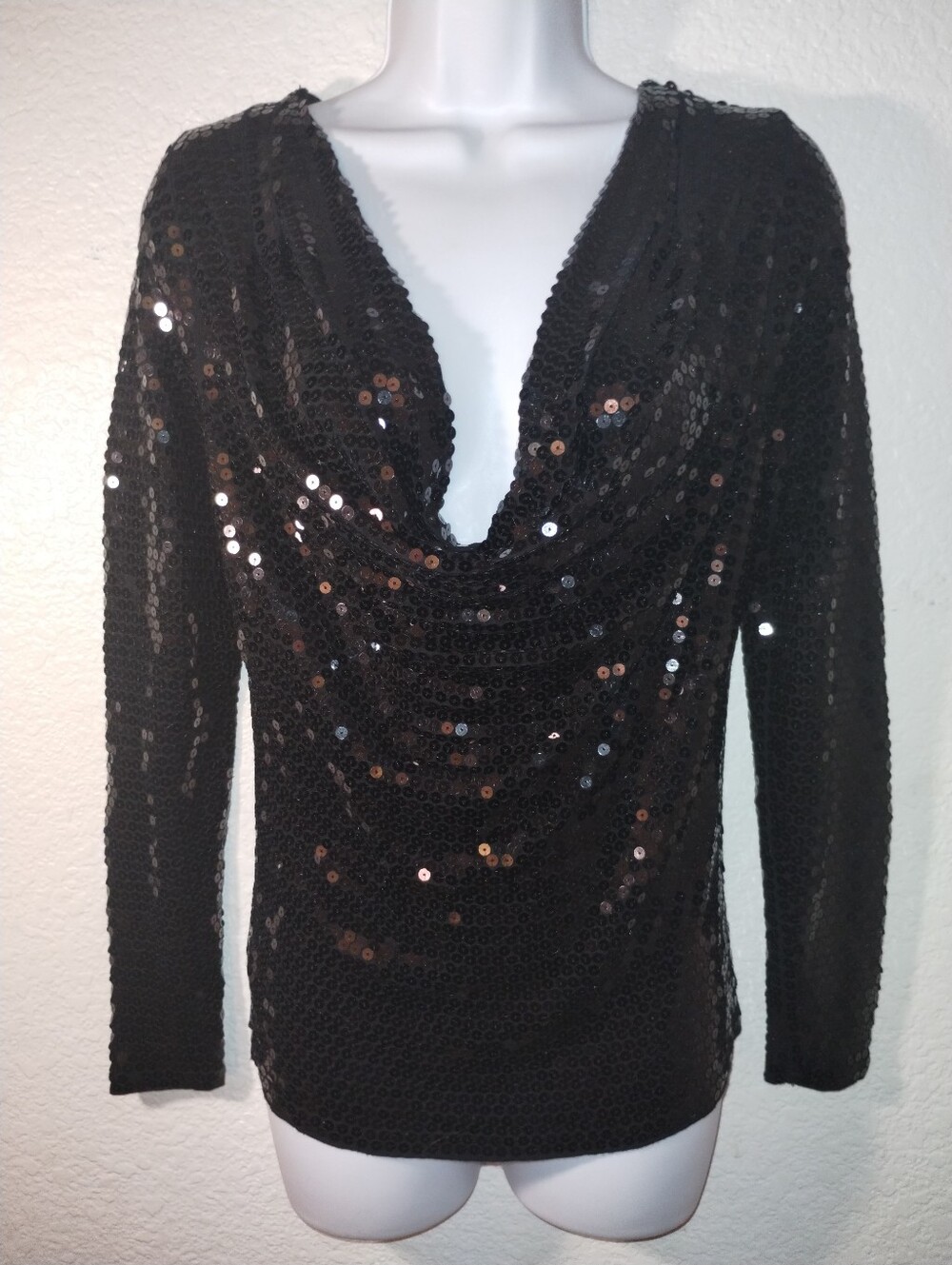Michael Kors Sequin Top Black L/S Deep-V Neckline Size XS Special Occasion Party